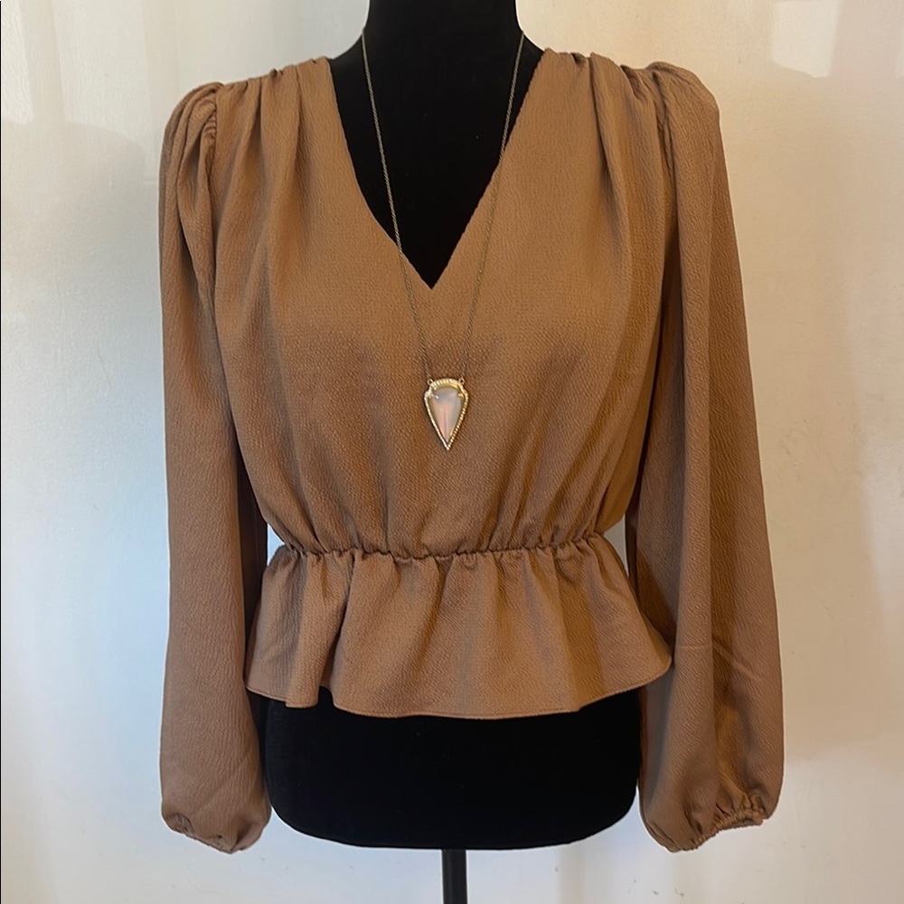 Express | Women’s Brown Plunge V-Neck Billowy Sleeve Peplum Top Size Small